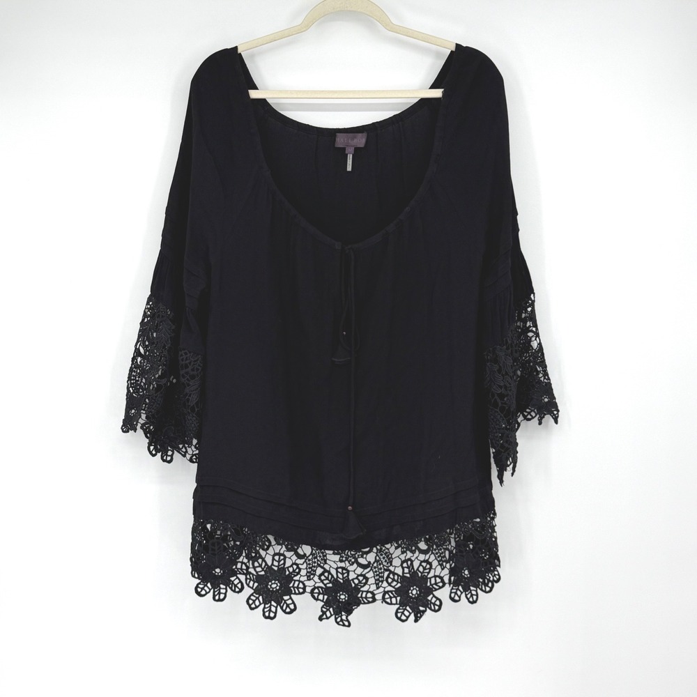 Hale Bob Black Boho Tunic Top M Crochet Lace Bell Sleeve Festival Whimsigoth